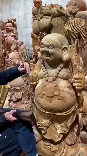 Large Laughing Buddha: Joyful Wood Carving Statue