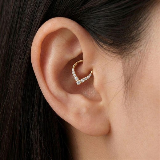 14k Gold V-shape Clicker Hoop, Dainty Paved Septum & Daith Ring - Etsy