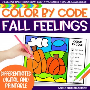 Fall Color by Code Feelings Pumpkin Coloring Sheet October Recognizing Emotions