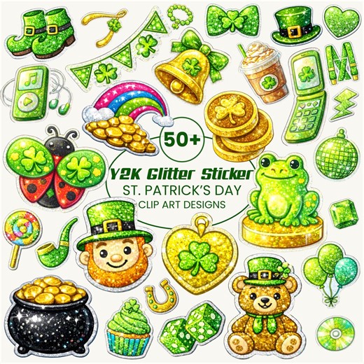 St Patrick’s Day Clip Art Bundle | Y2K Stickers | Shamrock Leprechaun Green Clipart - Etsy