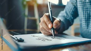 Close-up of a person filling out a form on a clipboard with a pen