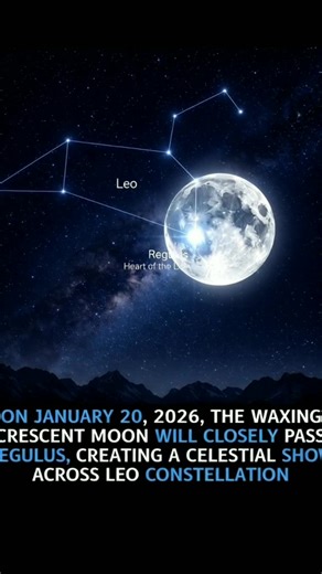 January 20, 2026: Crescent Moon Meets Regulus (Leo’s Brightest Star) On January 20, 2026, the night sky brings a beautiful celestial scene as the waxing crescent Moon appears close to Regulus, the brightest star in the constellation Leo. Regulus, often called the “Heart of the Lion,” shines at about magnitude 1.4, making it easy to spot with the naked eye. This close pairing is a great reminder of the Moon’s regular path across the sky along the ecliptic. Regulus is not just one star—it’s a star