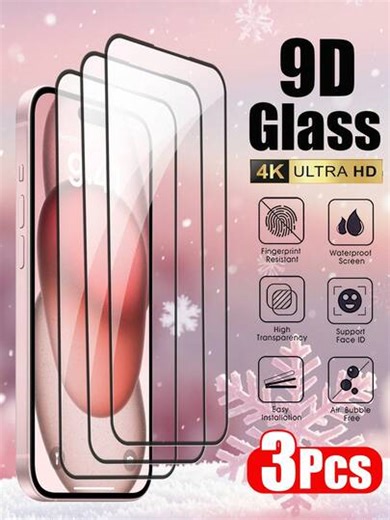 3 piezas Protector de pantalla de vidrio templado de 9H de dureza, compatible con iPhone 13/11/12/13/14 Pro Max/15 Pro Max/16/16 Pro/16 Plus/16 Pro Max/16e/17/17 Air/17 Pro/17 Pro Max, de alta definición y transparente, resistente a arañazos, anti-caídas, impermeable y a prueba de huellas digitales | SHEIN
