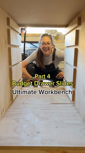 Lindsey | Woodworker | DIYer | Creator on Instagram: "Dado Drawer Slides FTW This was a super budget friendly way to be able to have 20 drawers in my workbench and not drop💰 on the slides. I originally saw this method from Ron Paulk @thesmartwoodshop (there are a bunch of YouTube videos - ask me how I know 🤪) Up next - drawer fronts (and they are EXTRA!) 🤩🤩 #workbench #workbenchbuild #drawerslides #budgetdiy"
