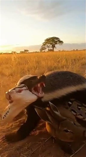 Honey Badger Interrupts Python After It Strikes Prey in Open Grassland
