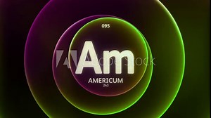 Americium as Element 95 of the Periodic Table. Concept animation on abstract green purple gradient rings seamless loop background. Title design for science content and infographic showcase backdrop.
