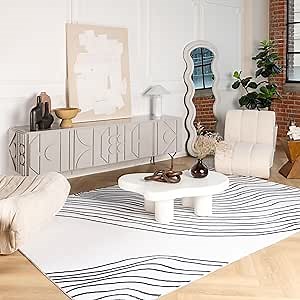 RUG BRANCH Eclipse 4' x 6' (3'11" X 5'10") Non-Toxic, Child and Pet Safe, Abstract Zebra Print - Indoor Area Rug, Minimalist, White Black - Living Room, Bedroom, Dining Room, and Kitchen