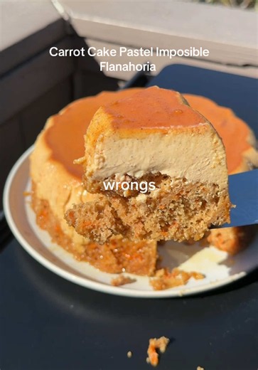 Recipe ⤵️ Flanaoria (Carrot Cake Flan) is the perfect combo between two of my favorite desserts ! 🥕🍮 Ingredients: - 14 oz can sweetened condensed milk - 12 oz can evaporated milk - 2 whole eggs - 6 egg yolks - 1/4 tsp salt - 1 tsp vanilla - 1 c sugar - 1/4 c water - 4 oz carrot puree - 8 oz cream cheese (softened) - 1 tsp ground cinnamon - 1/2 tsp nutmeg - 1/4 tsp ground ginger - 1/4 tsp all spice For cake: - 1 box spiced cake mix - 1 tsp vanilla - swap oil for 1/2 butter & 1/2 oil - swap wate