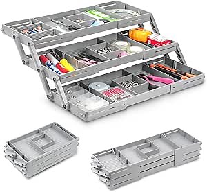 Multi Level Smart Drawer Organizer, 3 Tier Drawer Organizers for Desk, Expandable Storage Organizer for Office, Makeup, Jewelry, Kitchen, Folding Junk Drawer Organizer for Home and Office Drawers