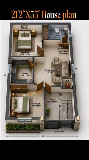 21'2" × 33' Beautiful 2BHK House Plan | 3D Floor Plan | Modern Small House Design