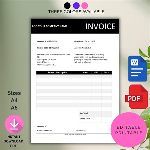 Editable Invoice Template | Printable Word Invoice | Custom Service Invoice Form | Small Business Billing Template | Blank Invoice Templete - Etsy Canada