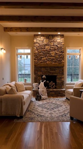 Ultra-cozy 360° interior renovation with soft rain visible outside the windows.