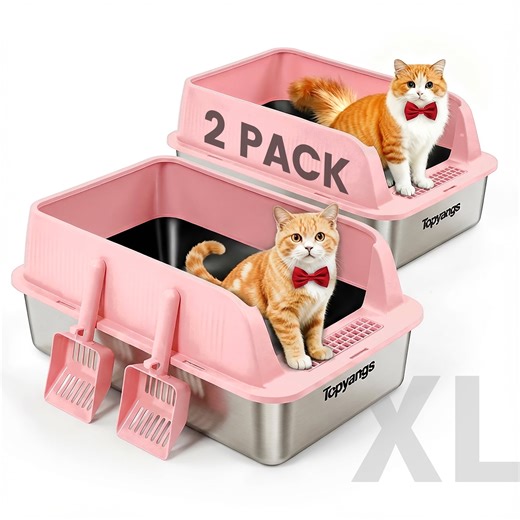 2 Pack Stainless Steel Litter Box, Extra Large Litter Boxes for Big Cats, XL Metal Cat Litter Box with Lid High Sides, Anti-Urine Leakage, Non-Sticky, Scoop Included