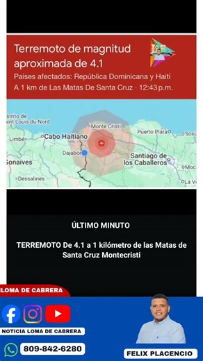 Todas Las Informaciones on Instagram: "Un terremoto de magnitud aproximada 4.1 se registró este [día de hoy] a las 12:43 p. m., con epicentro a 1 kilómetro de Las Matas de Santa Cruz. El movimiento telúrico fue sentido en varias zonas del noroeste del país, incluyendo el municipio de Loma de Cabrera, así como en comunidades de la República Dominicana y Haití. Hasta el momento no se reportan daños ni víctimas, y las autoridades continúan dando seguimiento al evento. 📍 Epicentro: Las Matas de San