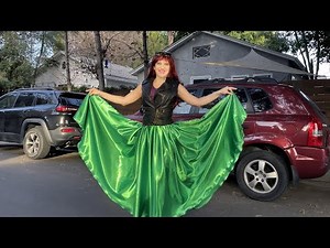 Green satin maxi skirt, full-circle 360". Ameynra fashion by Sofia Goldberg. Spin ;)