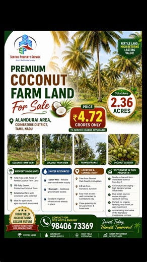 170 Trees & Ready Income! 🌴 2.36 Acres Coconut Farm for Sale in Alandurai, Coimbatore