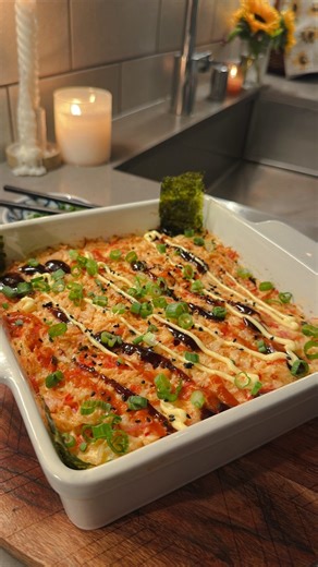 This is your sign to make a sushi bake! Its incredibly easy and so delicious 😋 Here is the recipe so you can make it at home. Rice 1 cup Sun Lee ST25 Rice 1 cup water plus ¼ cup water 1 tablespoon rice vinegar 1 teaspoon sugar Pinch of salt Furikake Filling 10 ounces salmon, seasoned with salt, garlic powder, smoked paprika, and a little sesame oil 1 package imitation crab or real crab, shredded 6 ounces cream cheese 3 tablespoons Kewpie mayo 1 to 2 tablespoons sriracha Air fry salmon at 400°F 