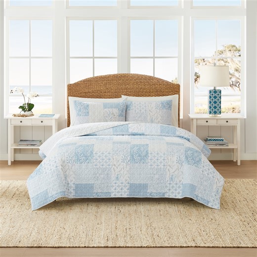 Coastal Living Sea Cottage Patchwork 3-Piece Quilt Set, King, Blue & White, 100% Cotton Bedding