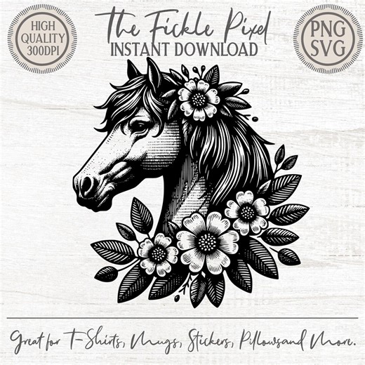 Floral Horse Head PNG SVG Clipart | Elegant Woodcut Style Horse Art for Shirts, Logos & Crafts - Etsy