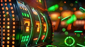 A green slot machine with the number 7 on it. The machine is surrounded by a lot of coins