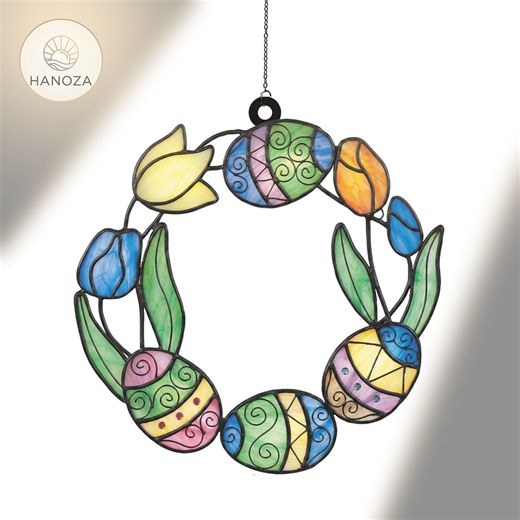 Easter Egg Wreath Suncatcher, Faux Stained Glass Acrylic Window Hanging, Spring Tulip Floral Ornament, Easter Holiday Home Decor - Etsy