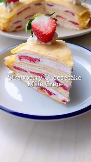 Morio’s Kitchen on Instagram: "【リクエストに応えて】ストロベリーチーズケーキ風ミルクレープ 材料： ＜生地＞ 薄力粉 100g 牛乳 250ml 卵 2個 グラニュー糖 30g バター 15g サラダ油 適量 ＜クリーム＞ 生クリーム 150cc クリームチーズ 50g 砂糖 20g レモン果汁 小さじ1 #おうちカフェ #簡単レシピ #instacooking #レシピ動画"