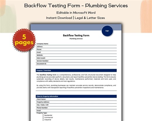 Backflow Testing Form Plumbing Services Editable and Printable Template, Plumbing Contractors and Service Companies, Home Service Providers - Etsy