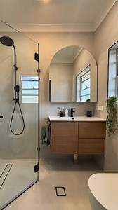 Small space? No problem ✅ Check out how swapping out a few key bathroom pieces can make a massive difference in transforming a space- all whilst maintaining the same layout! Reece featured products 🛀: Posh Domaine vanity, Kado Neue arch mirror cabinet, Mizu Silk tapware and Mizu Drift shower 📷: @crystalbathrooms | Reece Bathrooms