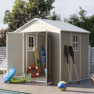 UDPATIO Outdoor Storage Shed 8 x 6 FT, Resin Garden Sheds Plastic Patio Outdoor Storage with Lockable Door for Tool, Bike, Garbage Sandstone