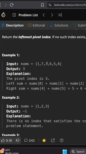 Find the Pivot Index in Array 🚀 | LeetCode Easy #dsa #coding #leetcode #datastructures #codingstyle