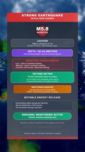 🌍 Strong Earthquake Strikes Papua New Guinea. A magnitude 5.8 earthquake has struck 100 km northwest of Lae, near Madang. It occurred at a depth of 102 km and was felt across a wide area. No damage or tsunami alerts have been issued so far. #PapuaNewGuinea #Earthquake #SeismicActivity #Lae #Madang #EmergencyUpdate | Above The Norm News