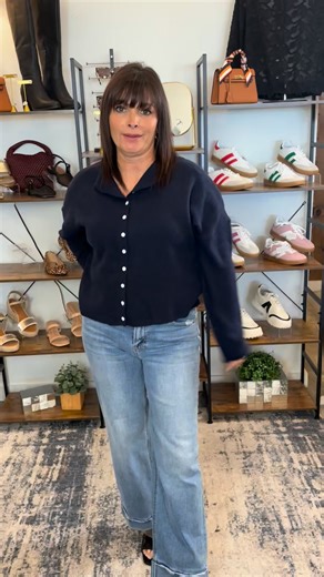 Effortlessly chic  Our Navy Button-Down Cardigan is the ultimate layering essential! Lightweight, versatile, and polished—wear it solo or over your favorite pieces. Classic round neckline and functional buttons make styling a breeze. Perfect for transitional seasons! #CardiganGoals #LayerInStyle #JolieFemmeBoutique #TransitionalStyle #EffortlessChic | Jolie Femme Boutique | Facebook