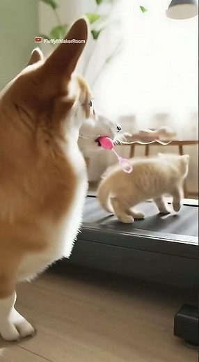 Bubble Fun! 🐶🩵 Kitten & Corgi Play on Treadmill 🐾✨ #cuteanimals #viralshorts