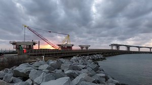 2-9-18 OBX Sunset over the Bonner Bridge Construction Project. PCL Construction is moving quickly on the construction of the new bridge. It was a beautiful evening at Oregon Inlet. #obx #outerbanks #bonnerbridge #pclconstruction #wessnyder | Wes Snyder Photography