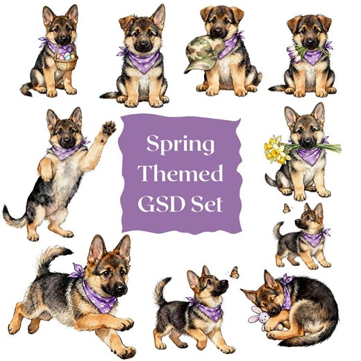 Spring German Shepherd Puppy Clip Art | Cute GSD Dog PNG Bundle | Easter Puppy Illustration | Nursery & Kids Designs - Etsy
