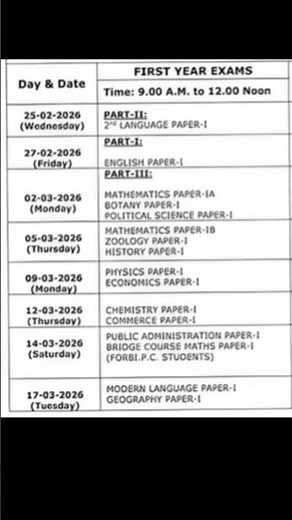 Intermediate first year time table 2026