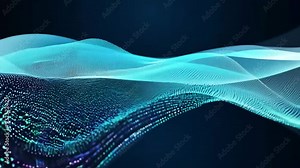 Abstract digital waves flowing with particles in a visual representation of data movement or sound waves.