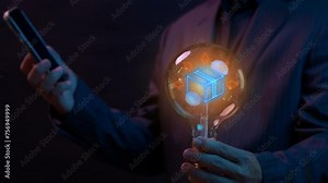 Concept of distribution, E-commerce, delivery and logistic chain sign. Freight supplier symbol. Businessman holding glowing lightbulb and animation of parcel with arrow line icon.