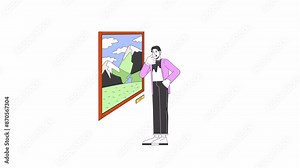 Asian man looking at japanese painting masterpiece line 2D character animation. Gallery art flat color cartoon 4K video, alpha channel. Guy enjoying museum artwork animated person on white background Stock Video