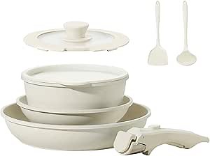 8pcs Ceramic Pots and Pans Set, Non Stick Cookware Set, Detachable Handle Cookware, Induction Kitchen Cooking Set with Removable Handle,Oven Safe, Induction Fast, Stackable Cookware Set