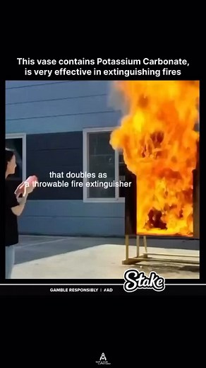 A flower vase designed for fire suppression contains potassium carbonate. When smashed near a fire, it releases the chemical, which rapidly cools the area and displaces oxygen, both crucial for sustaining a fire. Upon heating, potassium carbonate decomposes, releasing carbon dioxide (CO2) and forming potassium oxide. The CO2 smothers the fire by displacing oxygen, while the potassium oxide disrupts the combustion process, effectively putting out the flames. Follow @spacecameocommunity for more. 