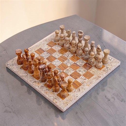 Marble Chess Set | Coral & Dark Brown Stone Pieces | Modern Home Decor