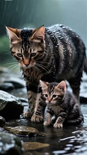 Induk Kucing Berani Selamatkan Anaknya di Tengah Sungai Deras – Kisah Menyentuh di Bawah Gerimis