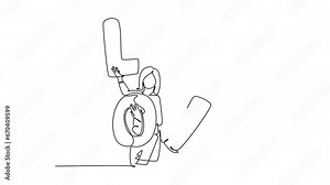 Animated self drawing of continuous line draw of young happy couple man and cute woman holding LOVE letter balloon after proposal marriage event. Romantic love concept. Full length one line animation