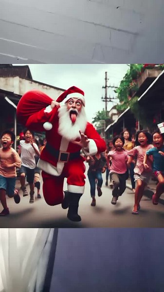 Santa Claus Playful Chase with Children in Urban Scene