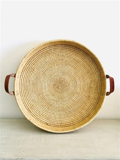 Large Woven Coffee Table Tray With Leather Handles, Handwoven Rattan Display, Ottoman Serving Tray Decor - Etsy