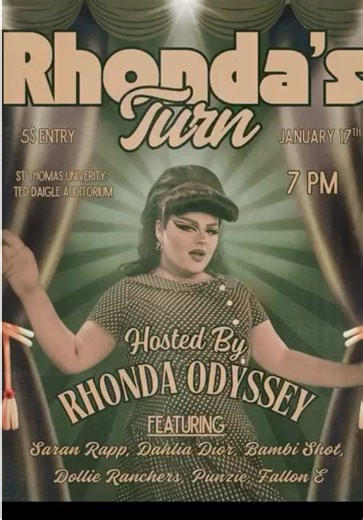 Will Rhonda (or whoever Jessica is) finally unlock the theatre doors before next weeks show? Come find out January 17th in the Ted Daigle Audition! 🎭 Rhonda’s Turn is ONE WEEK away! Come join Rhonda Odyssey in a musical theatre drag show, all funds go to support the musical theatre program here at STU! 💚💛 No matter if you’re a STUdent, or just want to see a great show, all are welcome! See you there! 📍 Ted Daigle Auditorium on St. Thomas University’s Campus 🗓 January 17th | ⏰ 7 PM | 💵 $5 e