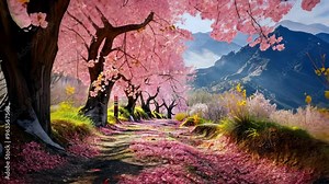 A peaceful stroll along a cherry blossom path in the mountains during springtime