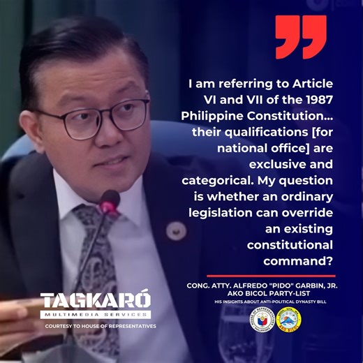 THE CONSTITUTIONAL TUG-OF-WAR OVER POLITICAL DYNASTIES 🏛 MANILA, Philippines — Cong. Alfredo "Pido" Garbin, Jr. of Ako Bicol Party-list has raised a pivotal legal question that strikes at the heart of the movement to reform Philippine politics: Can a standard law actually stop a member of a powerful family from running for national office, or does the Constitution protect their right to lead? While Garbin stands firmly behind the Anti-Political Dynasty Bill, arguing it is essential to "broaden