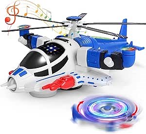 HOLYFUN Light-Up Helicopter Toy for Toddlers, 360° Rotating Airplane Toy with Music and Obstacle Avoidance, Birthday Gift for Boys Ages 3-5